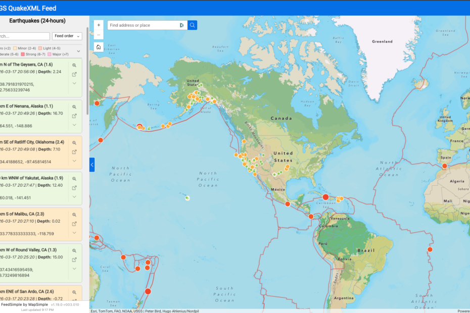 FeedSimple widget showing USGS earthquake feed with color-coded cards on the left and a world map with classified point markers on the right
