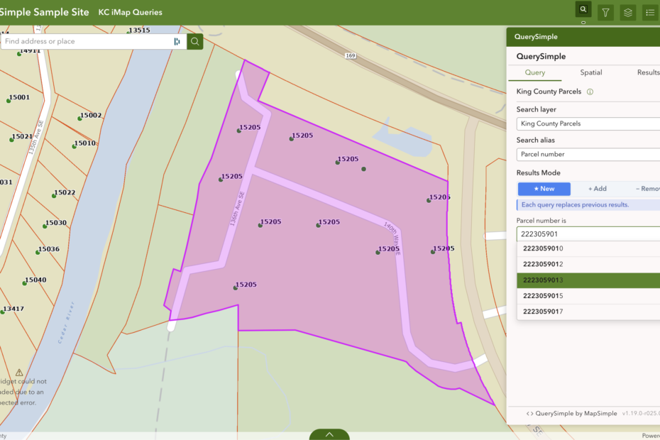 QuerySimple widget showing search results for parcel 2223059013 with map highlighting